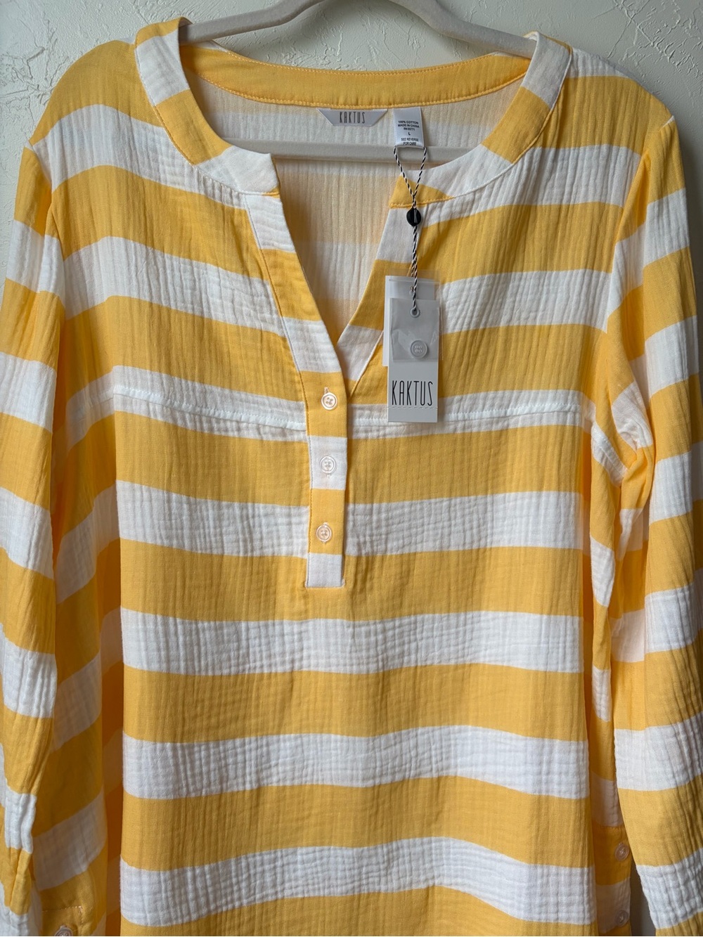 Kaktus Yellow White Stripe Cotton Gauze Henley Tunic Top NWT L - Picture 3 of 10